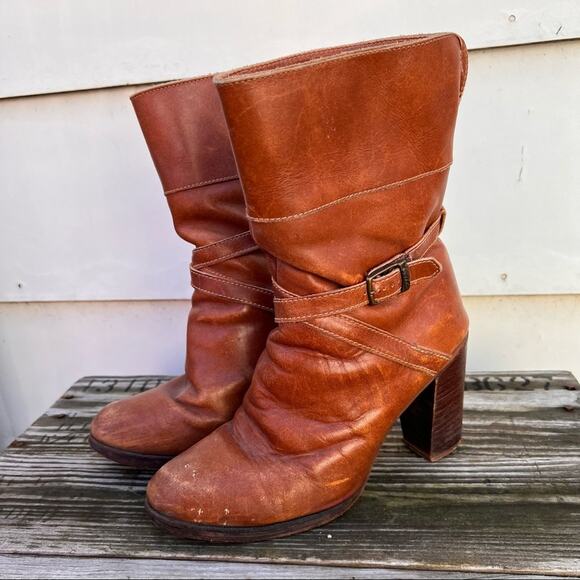 Vintage 70s 80s Zodiac cognac leather heeled booties boots 8 1/2M - Picture 5 of 9